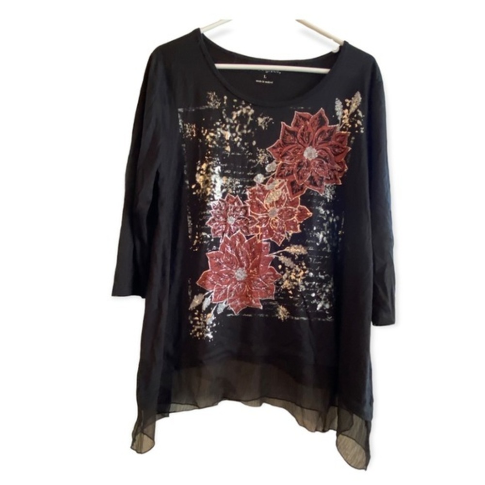Ava & Grace Top Women’s Size L Black Floral Print Pullover LongSleeve‎
